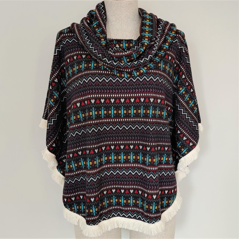 NWT Hot & Delicious Cowl Neck Tribal fringe Poncho
